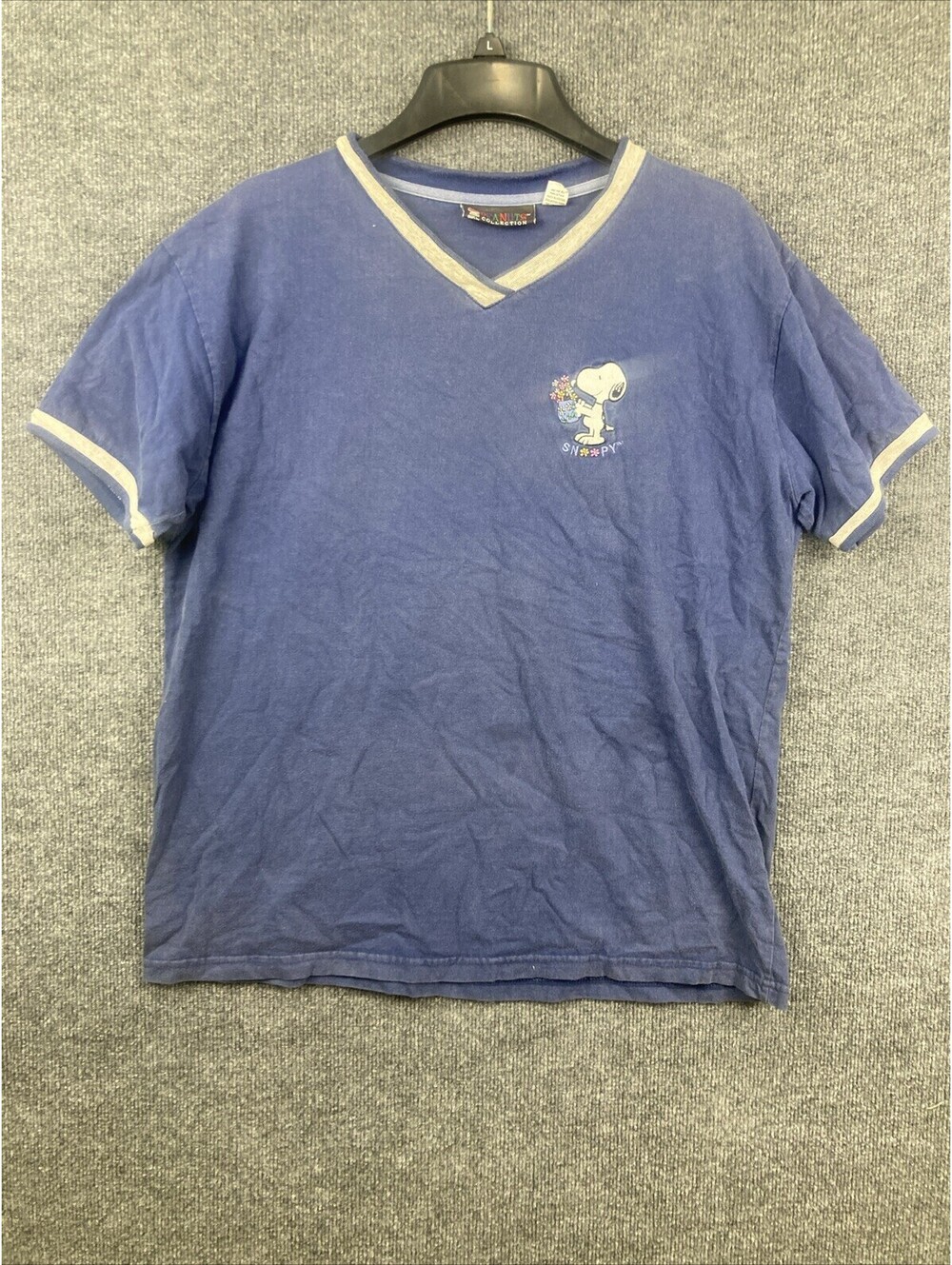 Vintage Peanuts Collection Womens Size XL Blue Snoopy Flowers V-Neck S/S Shirt